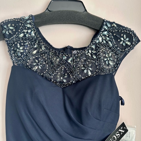 NWT XSCAPE Beaded Ruffled Long Party Dress Navy Blue Size 4/S - Picture 1 of 8